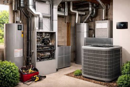 Outdoor AC condenser installed beside a brick home in Florida