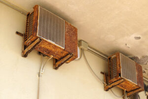 Old rusty air conditioner requiring repair